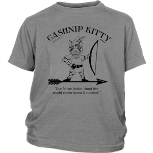 Cashnip Kitty Feline Robin Hood Youth Tee Black Logo