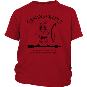 Cashnip Kitty Feline Robin Hood Youth Tee Black Logo